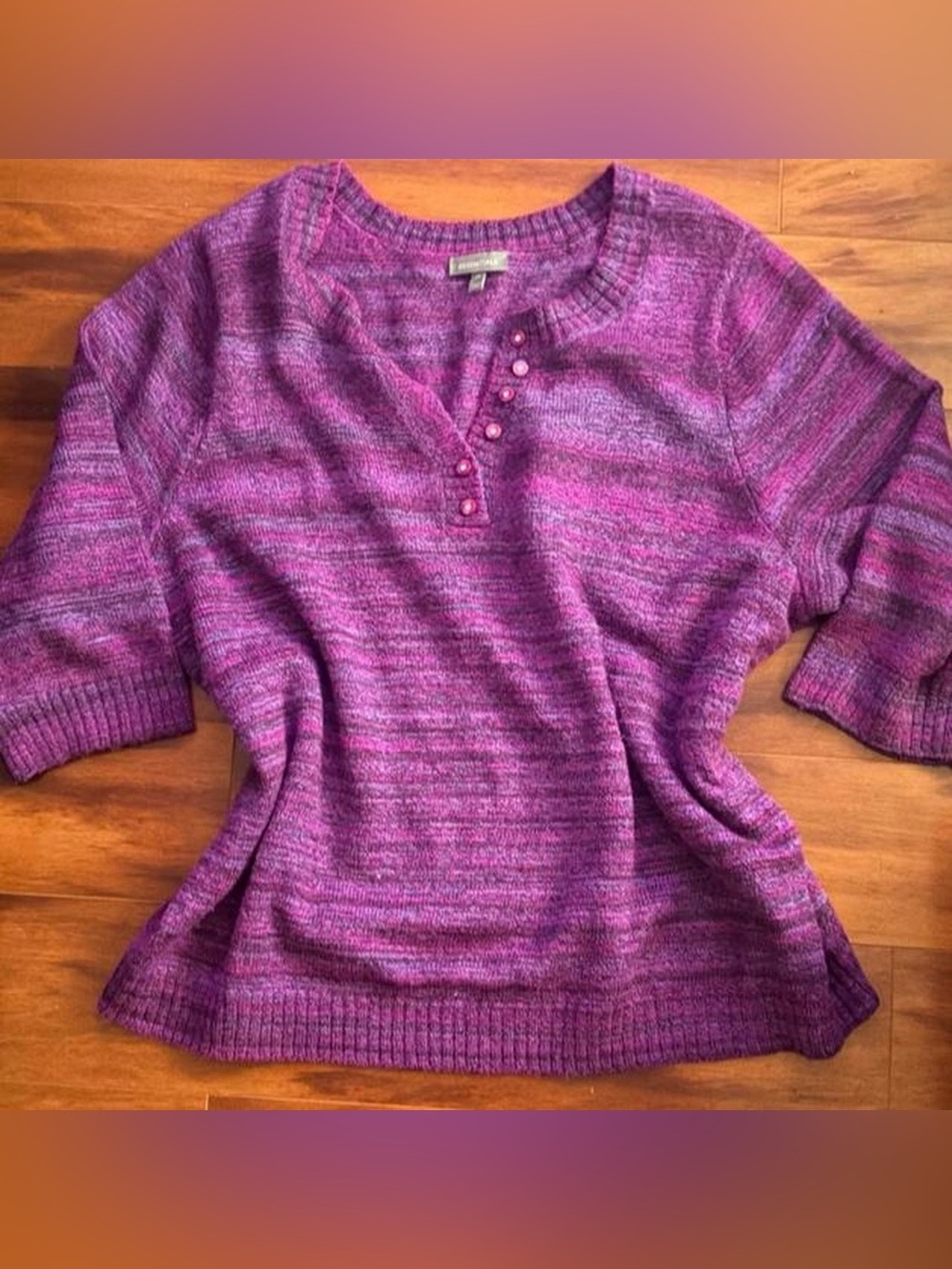 Essentials Marled Purple Scoop-Neck Henley Sweater